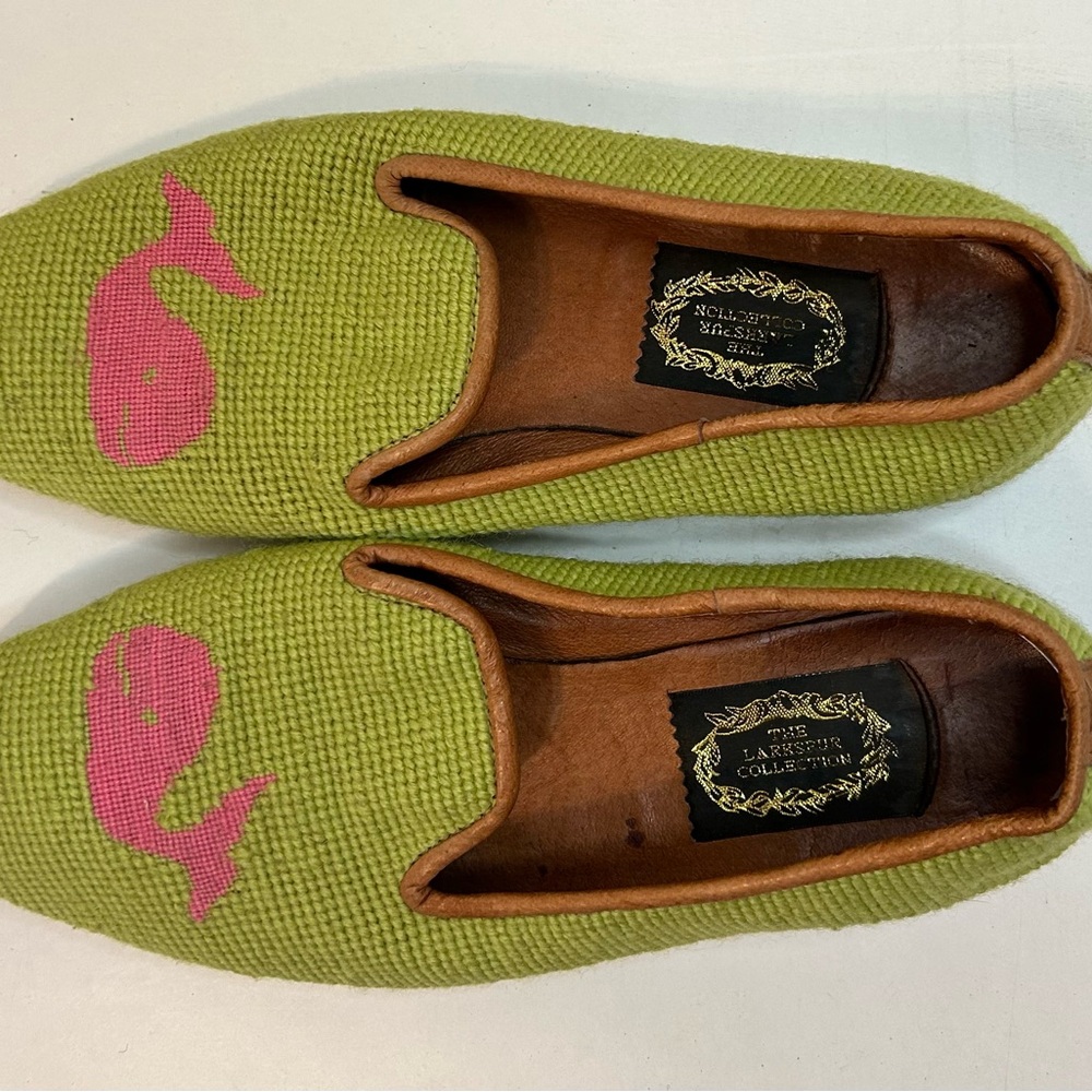 The Larkspur Collection Needlepoint Whale Design Green Loafers
